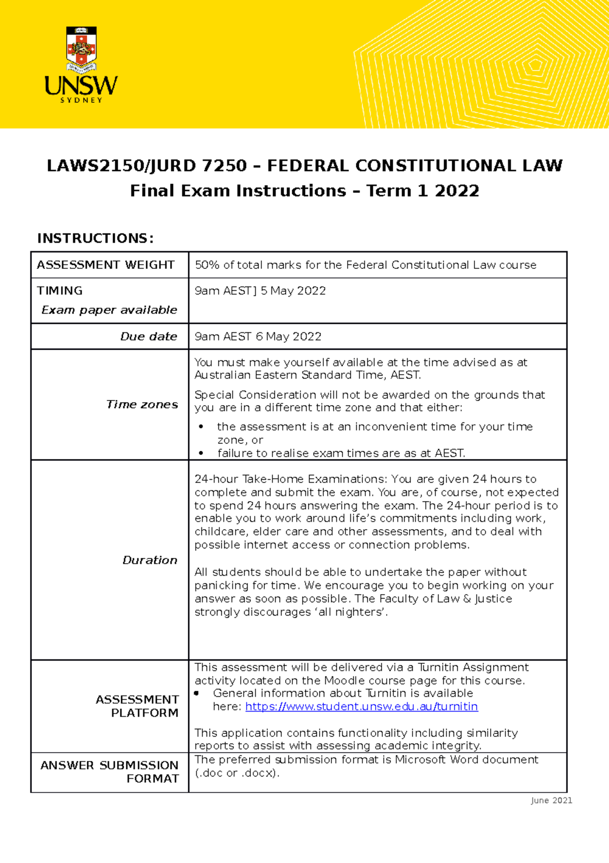Fed Con Take home exam instructions T1 2022 - LAWS2150/JURD 7250 ...