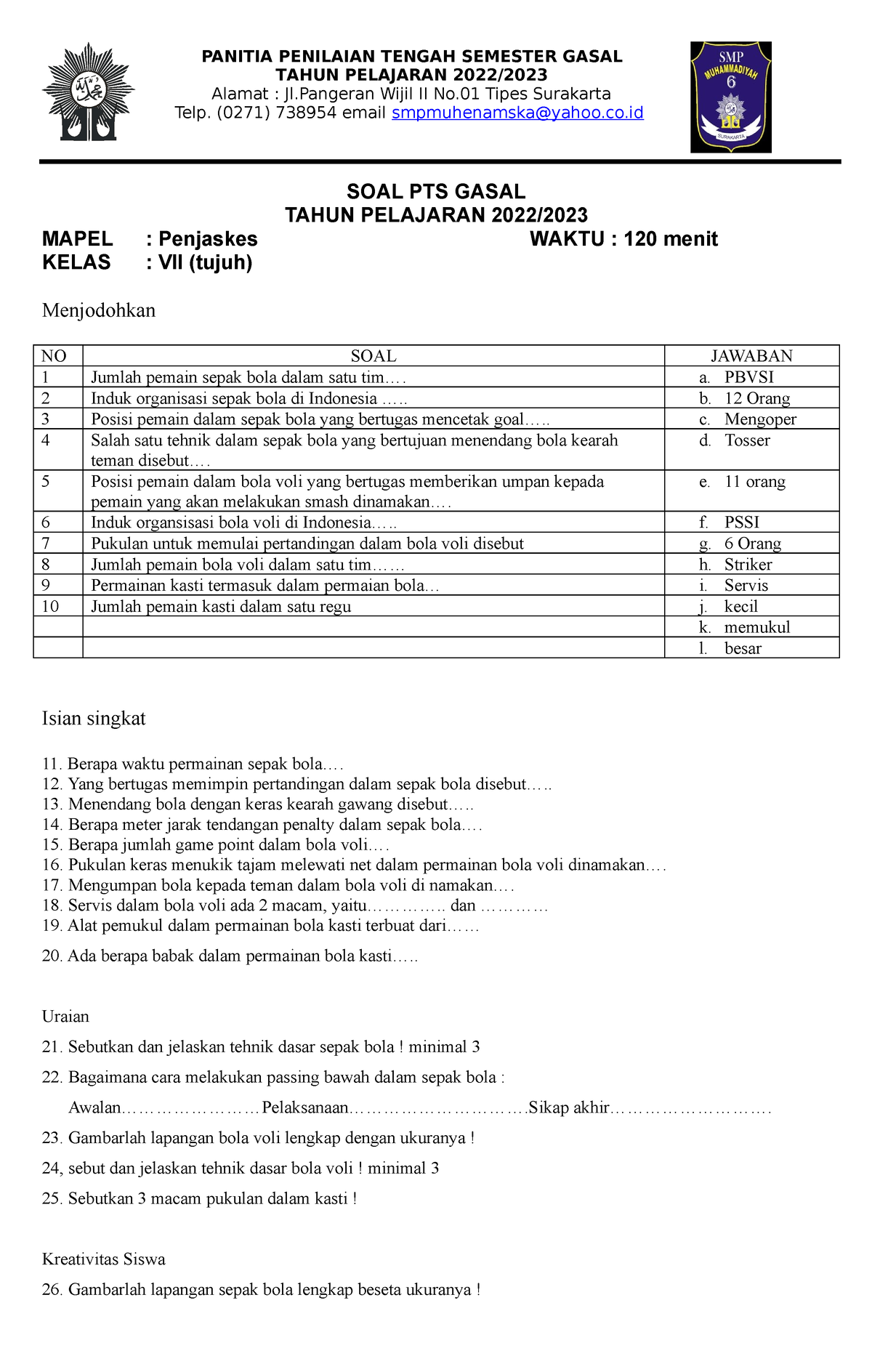 soal essay penjas kelas 7 beserta jawabannya