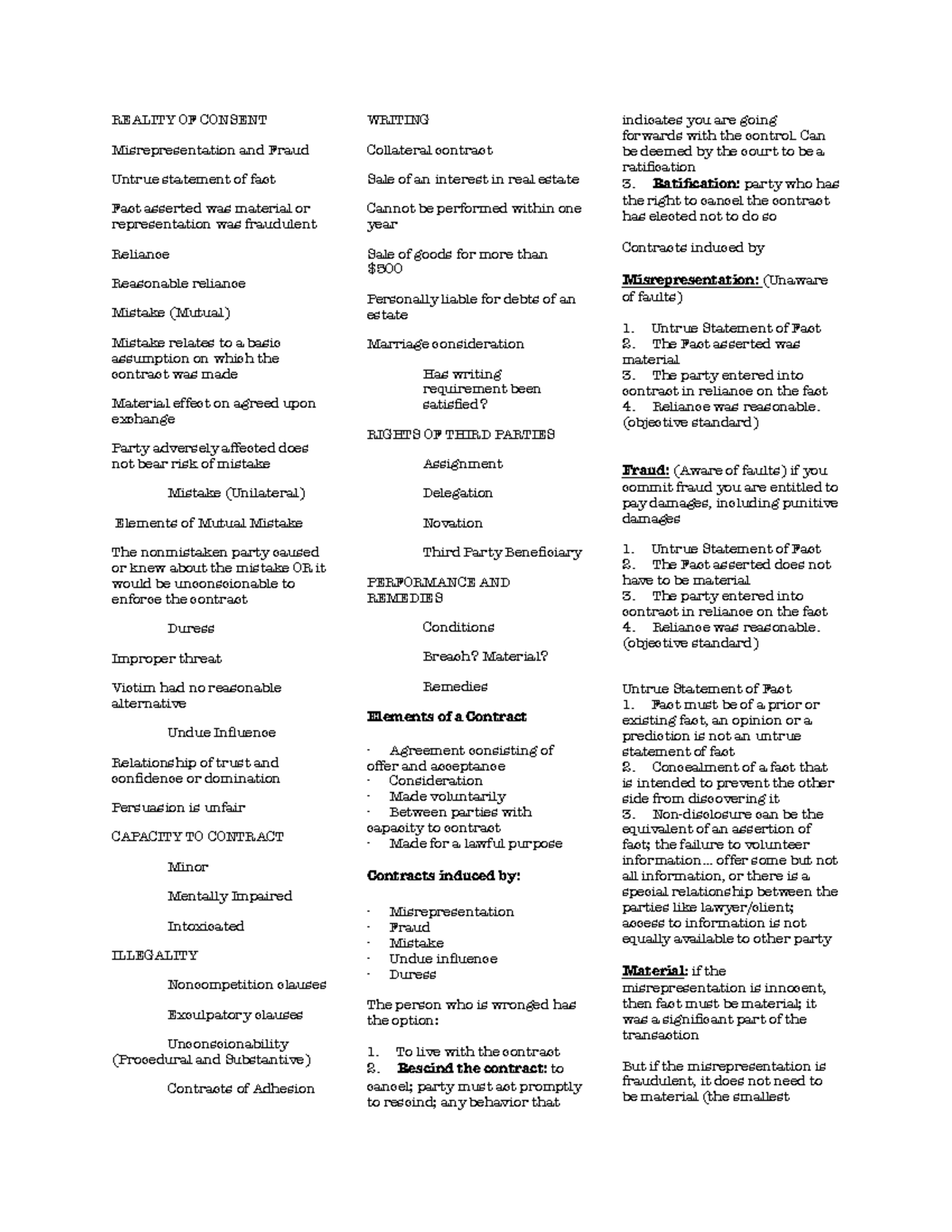 Final Exam Essay Review - REALITY OF CONSENT Misrepresentation and ...