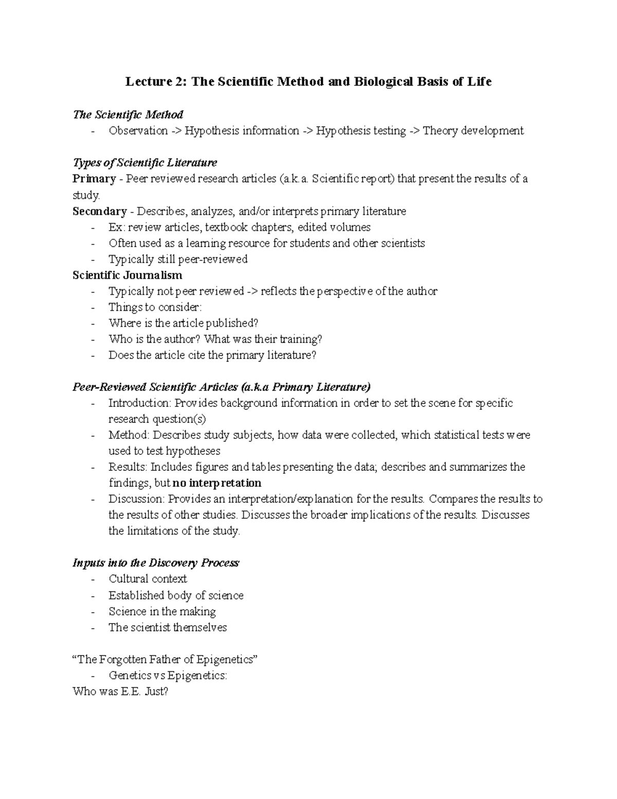 Anthro 105 Lecture 2 Notes - Lecture 2: The Scientific Method and ...