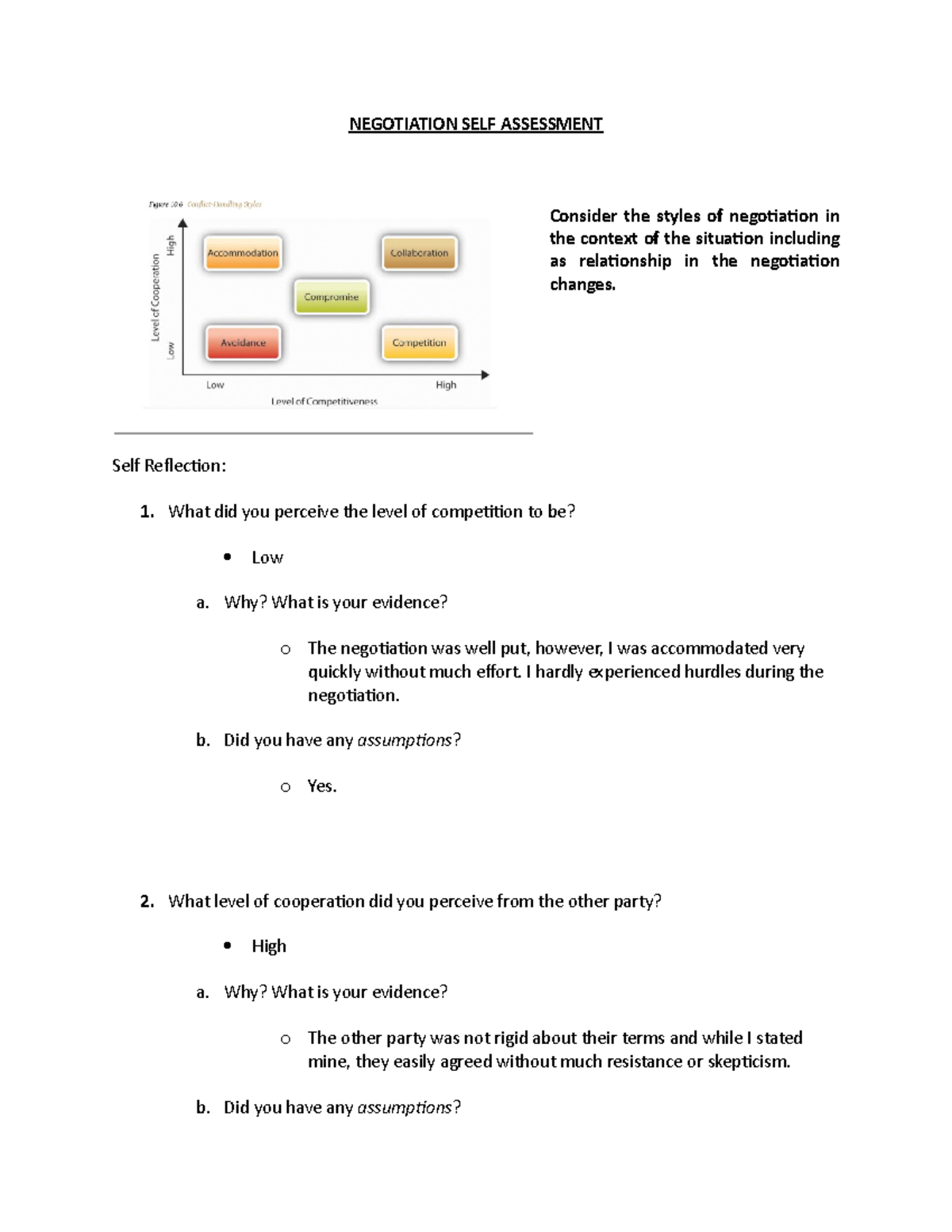 Negotiation SELF Assessment 2 - NEGOTIATION SELF ASSESSMENT Consider ...