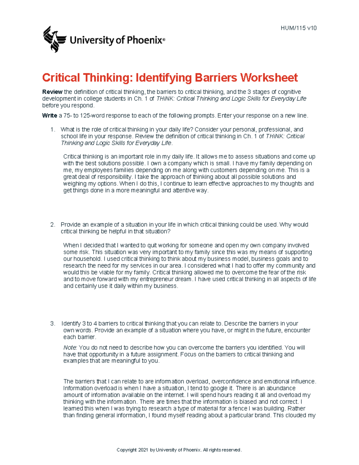 critical thinking identifying barriers worksheet