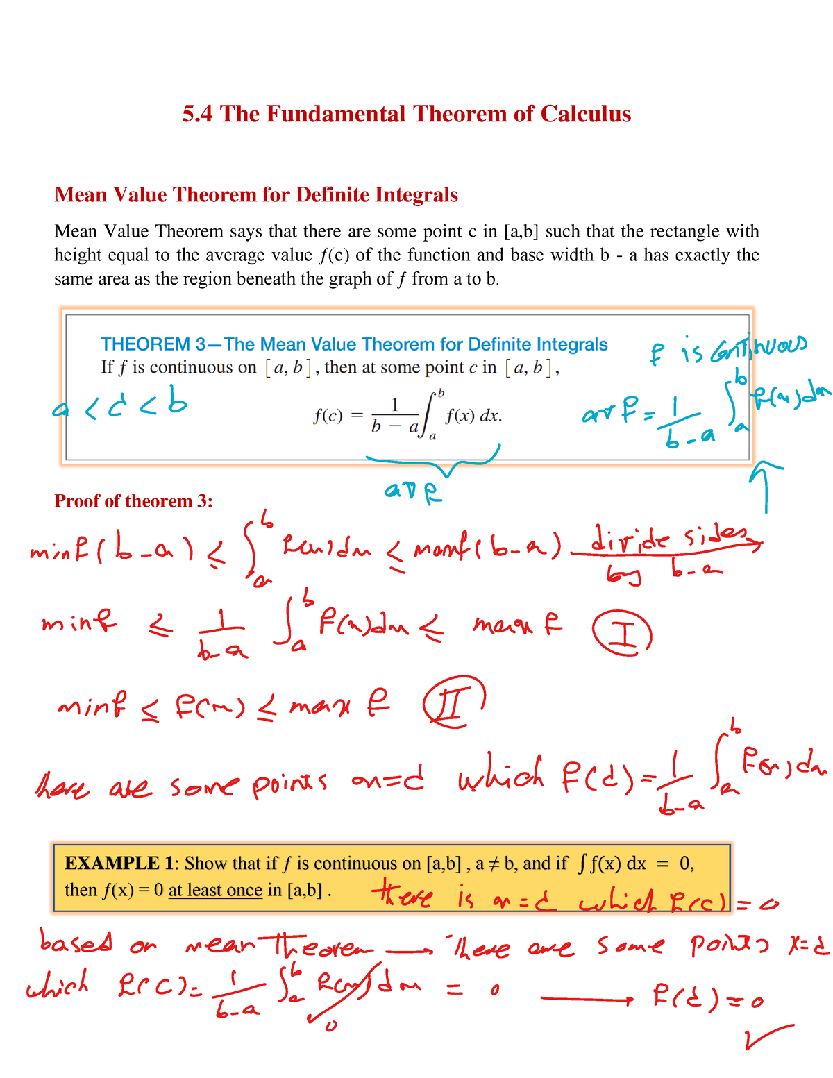 Lecture 4 Notes 5 The Fundamental Theorem Of Calculus Mean Value Theorem For Definite 