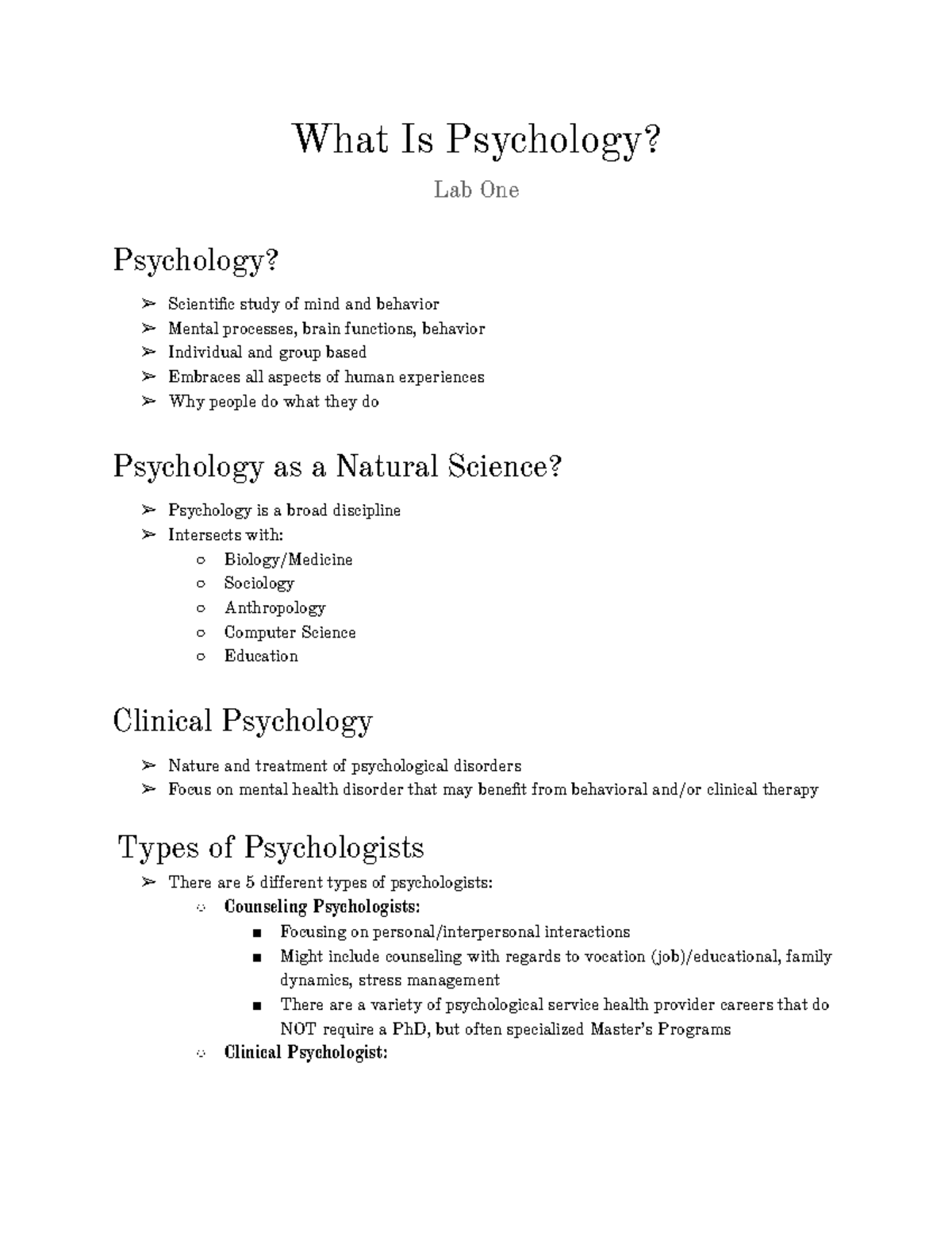 Lab One - What is Psychology - What Is Psychology? Lab One Psychology ...