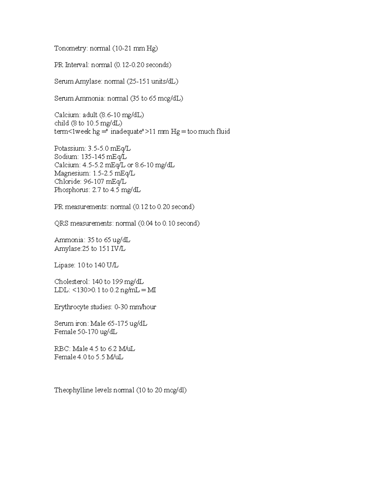34961047-Nclex-Memorize - Tonometry: normal (10-21 mm Hg) PR Interval ...