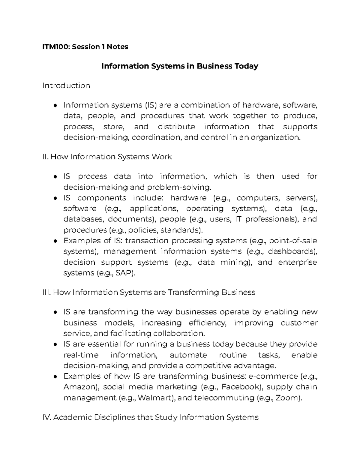 ITM100 Session 1 Notes - ITM100: Session 1 Notes Information Systems in ...