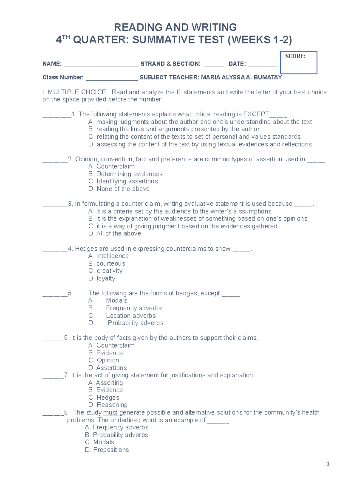 RW Q4 Summative 1 4 - You Need This - READING AND WRITING 4 TH QUARTER ...