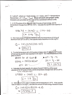 Kami Export - 011513 Specific Heat Wksht Key - Specific Heat Worksheet Name  (in ink): C = q/mAT, - Studocu