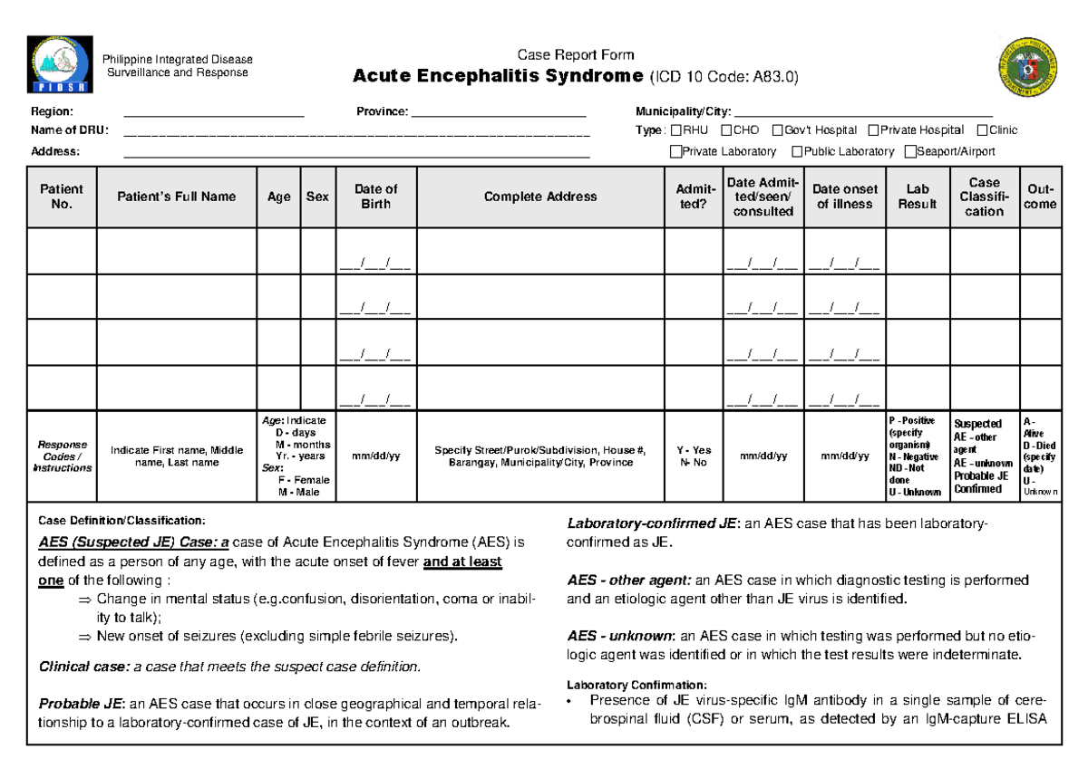 AES Case Report Form - Patient No. Patient’s Full Name Age Sex Date of ...