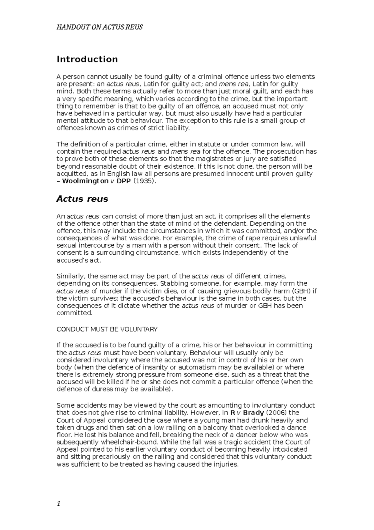 Introduction- Actus REUS - Introduction A person cannot usually be ...