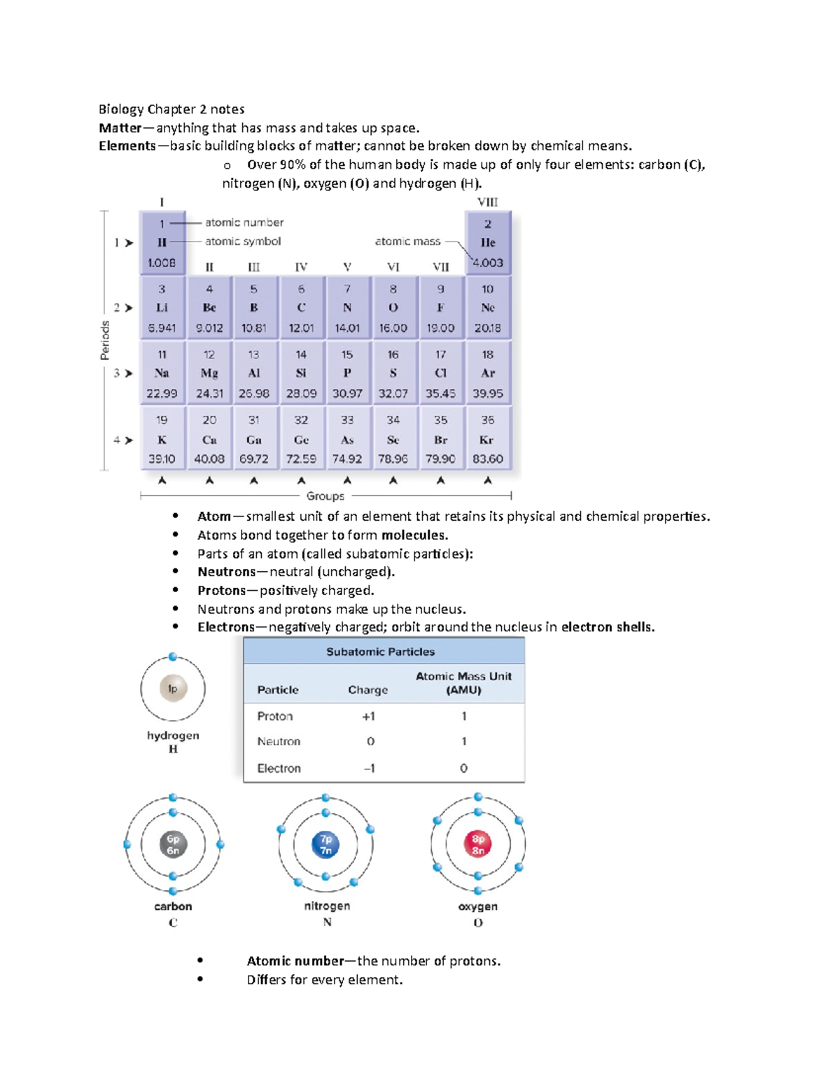 Biology Chapter 2 Notes - Biology Chapter 2 Notes Matter—anything That 