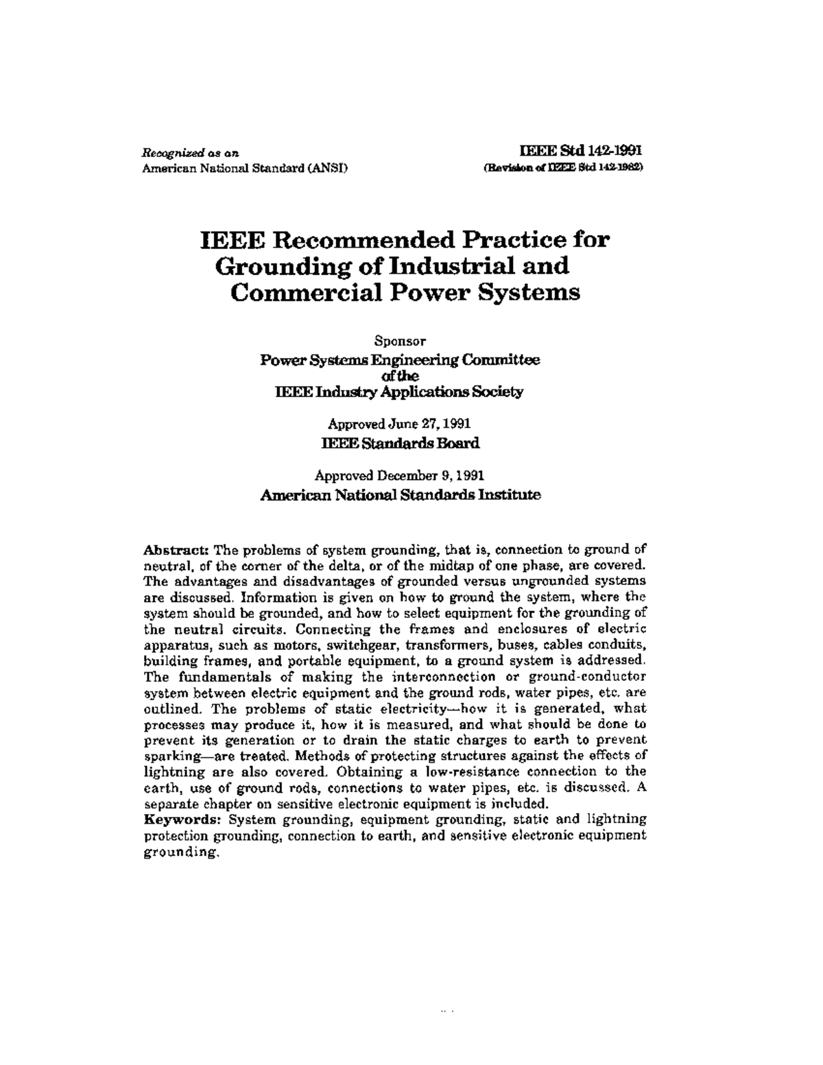Ieee std 1421991 ieee practice for grounding of industrial