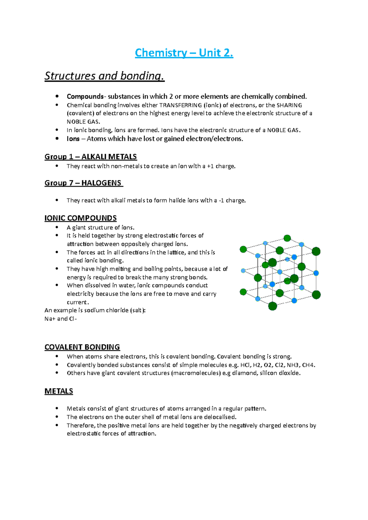 Chemistry C2 Notes - 123 - Chemistry – Unit 2. Structures And Bonding ...