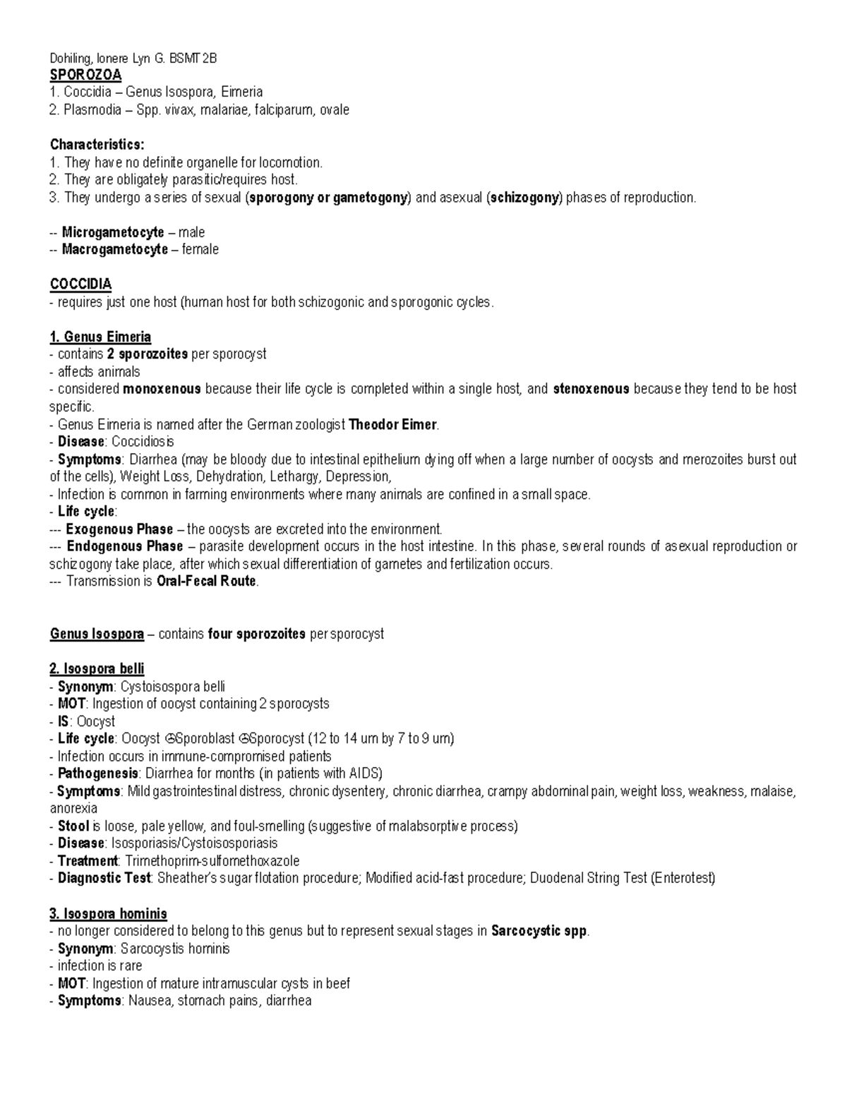 Sporozoa- Coccidia ( Outline) - Dohiling, Ionere Lyn G. Bsmt 2b 