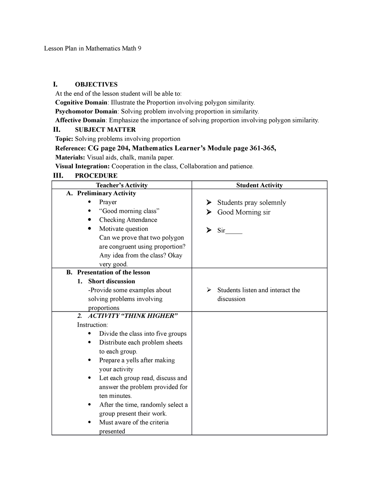 Lesson Plan In Solve Proportion Lesson Plan In Mathematics Math 9 I 