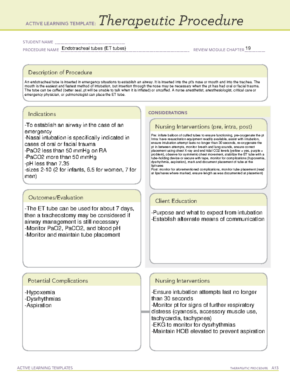 Endotracheal tubes ETTs ACTIVE LEARNING TEMPLATES THERAPEUTIC