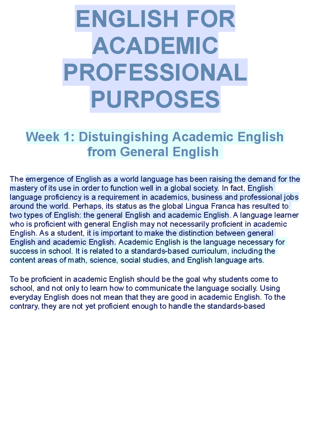 essay about english for academic and professional purposes brainly