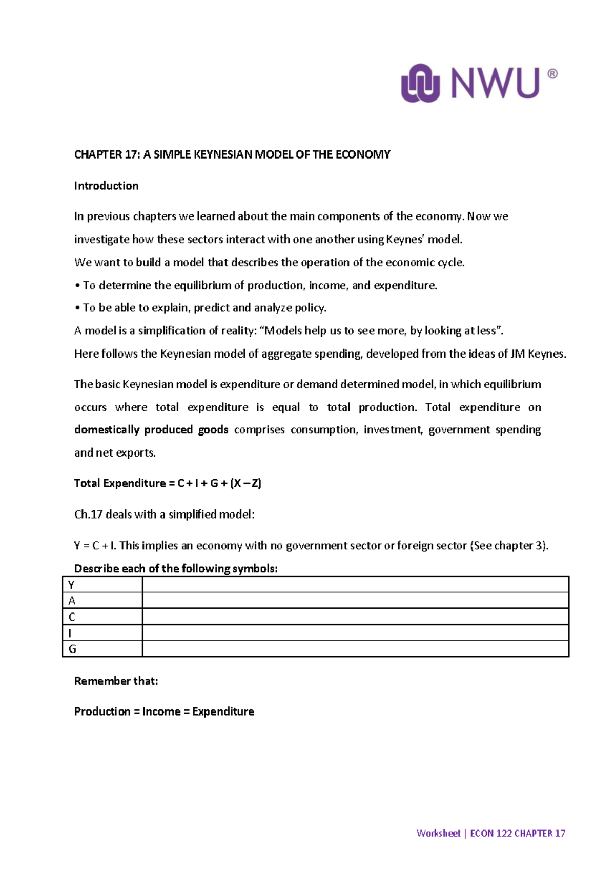 Chapter+17+Worksheet-2 - CHAPTER 17: A SIMPLE KEYNESIAN MODEL OF THE ...