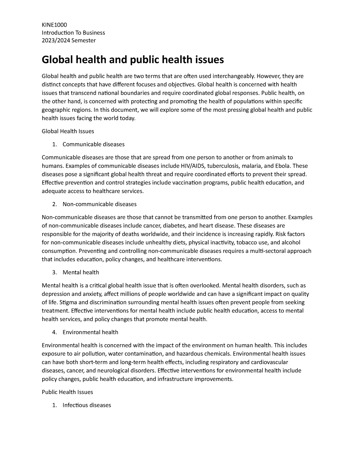 Global health and public health issues KINE Introduction To Business