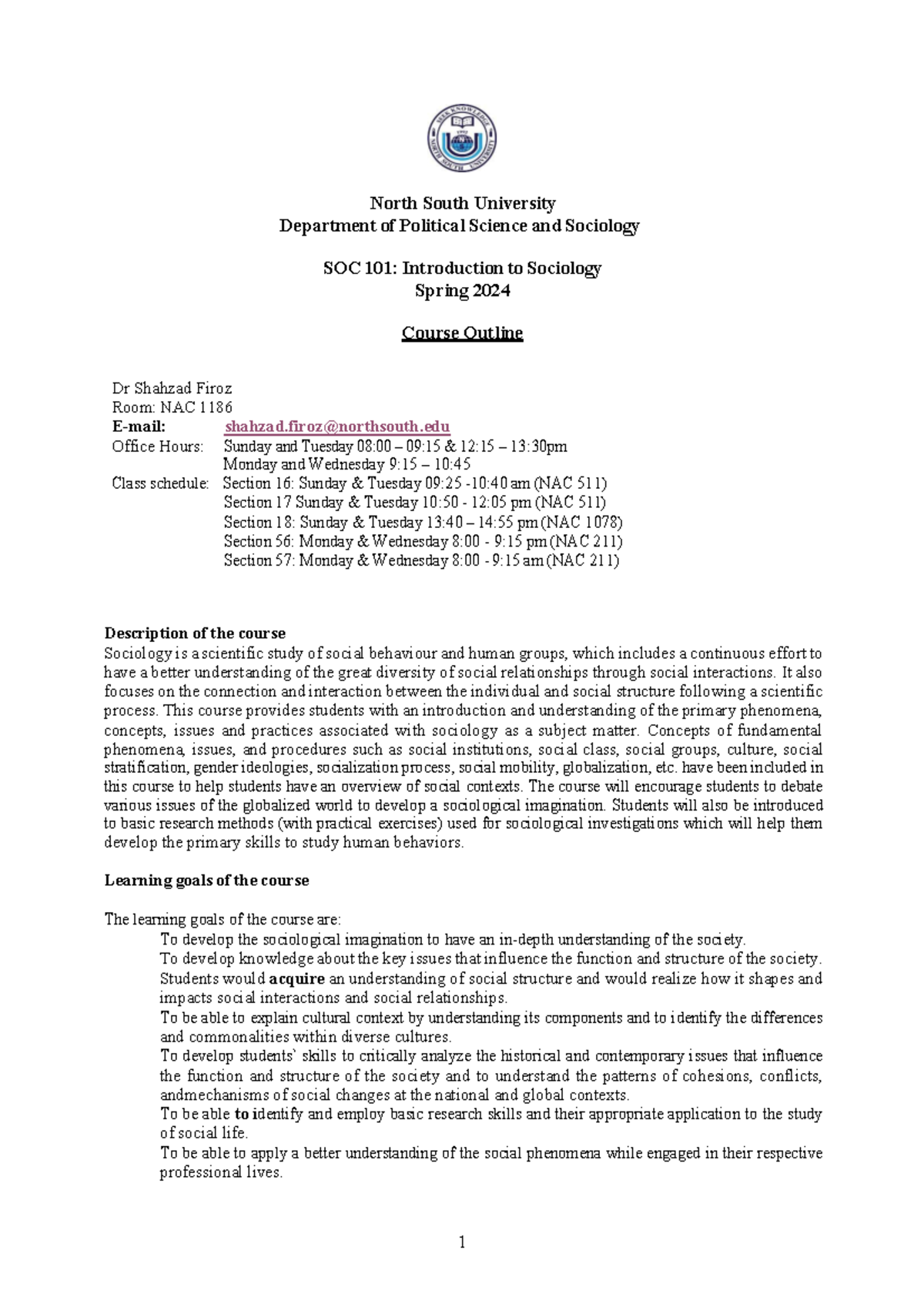 Course Outline Spring 2024 North South University Department of Political Science and