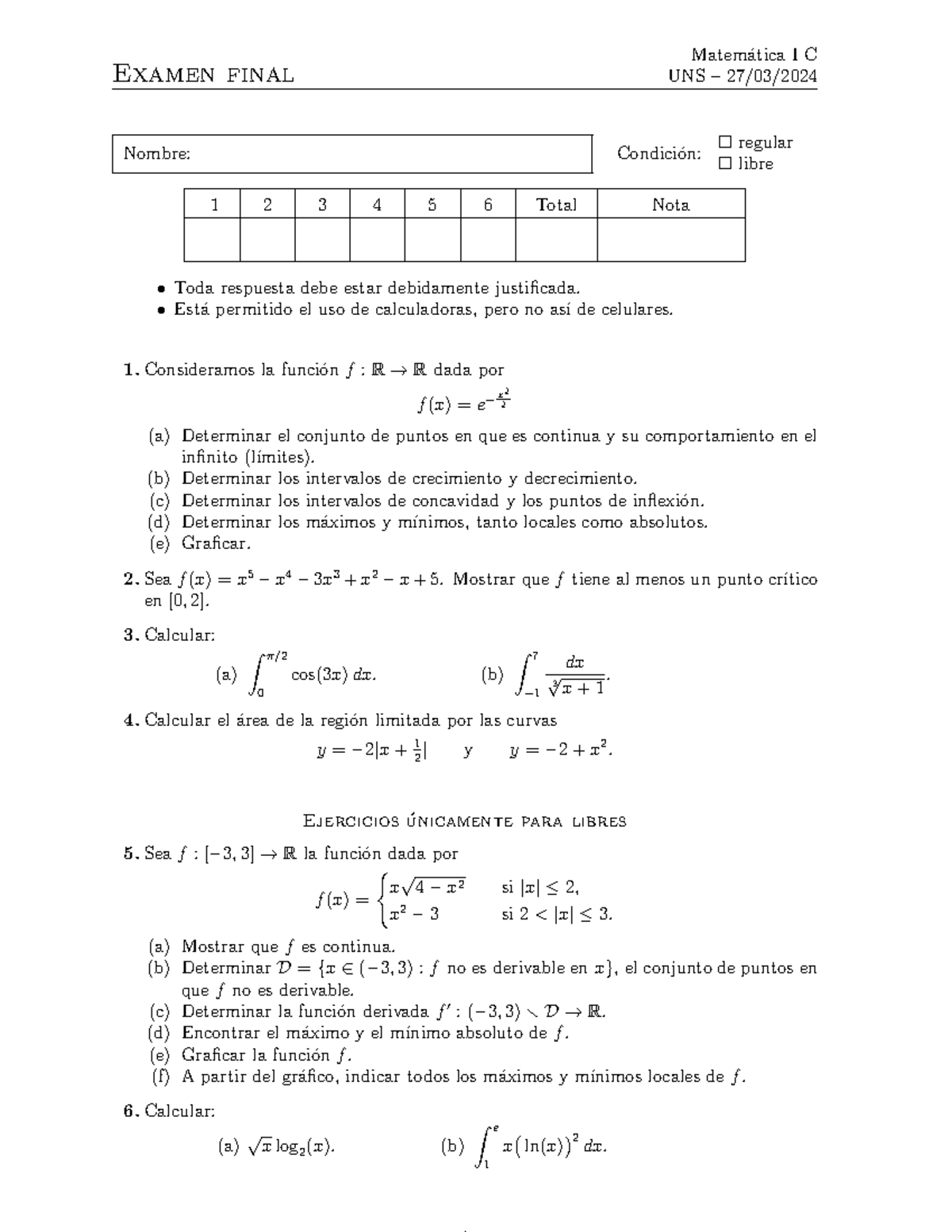 Mate IC final 2024 03 27 - Examen final Matem ́atica I C UNS – 27/03 ...