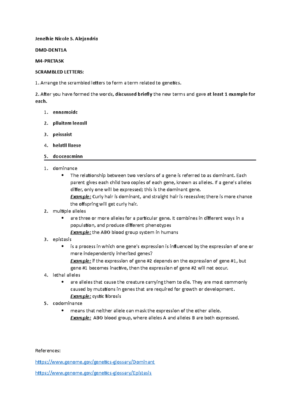 Alejandria DENT1A M4 PRE TASK - Jenelhie Nicole S. Alejandria DMD ...