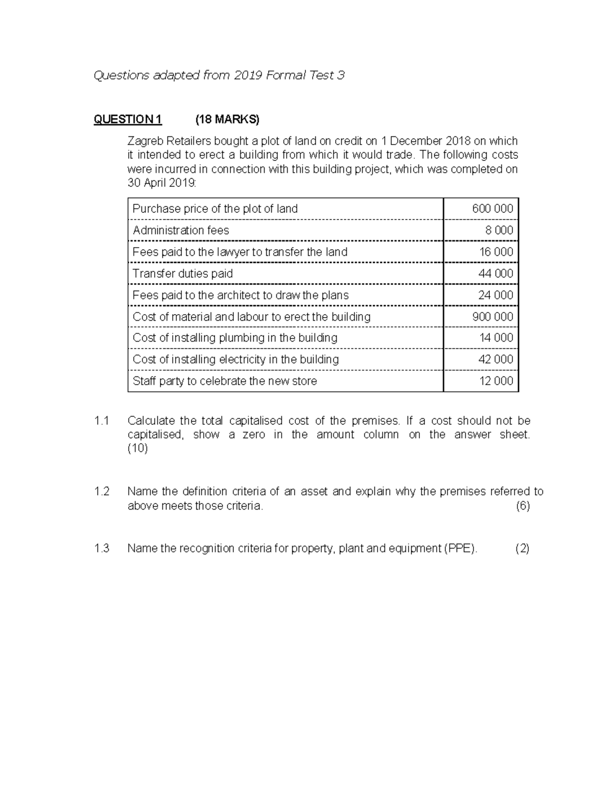 Financial Accounting 1 PPE Tutor Class 1 Questions adapted from 2019