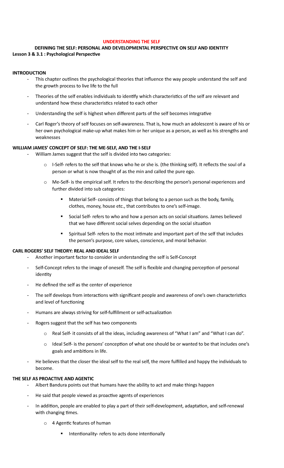 UTS 61 - Lecture Notes 3-7 - UNDERSTANDING THE SELF DEFINING THE SELF ...