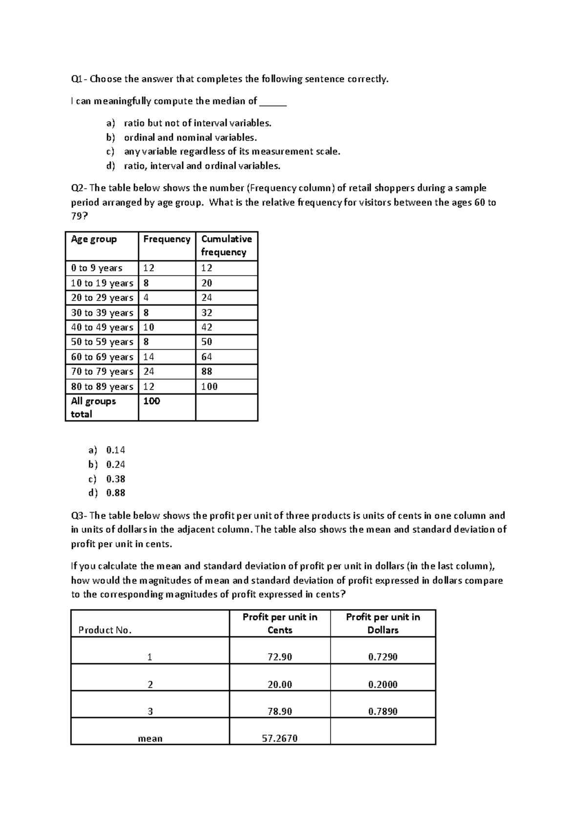 Business Statistics mid semester prac paper 2021 - Q1- Choose the ...