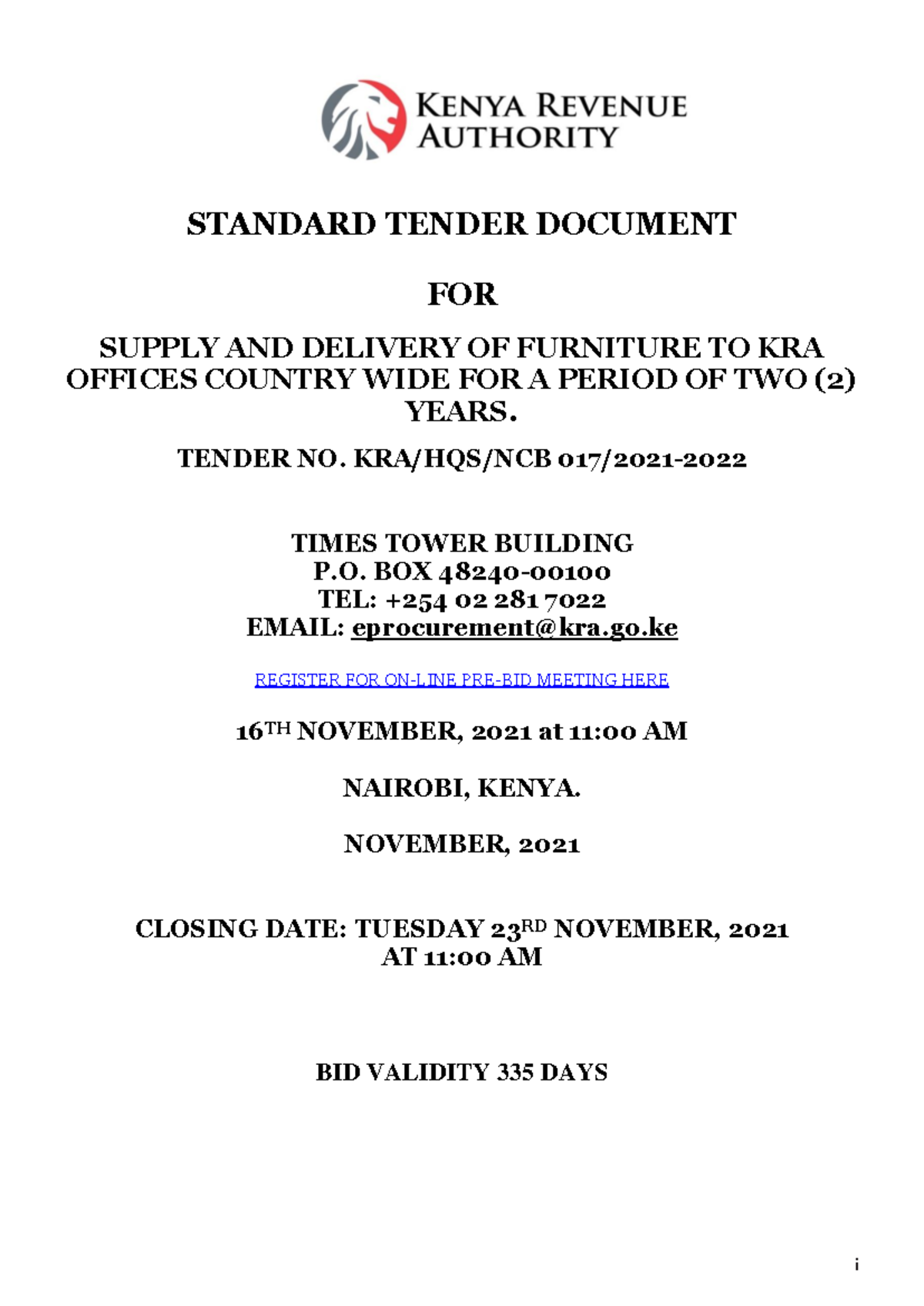Tender Document FOR Furniture Reviewed BY USER 12 i STANDARD TENDER DOCUMENT FOR SUPPLY AND