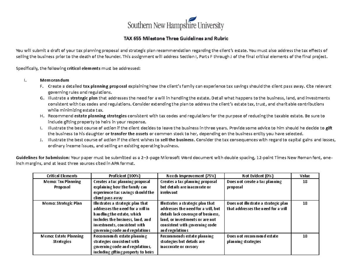 3 - TAX 655 Milestone Three Guidelines and Rubric - You must also ...