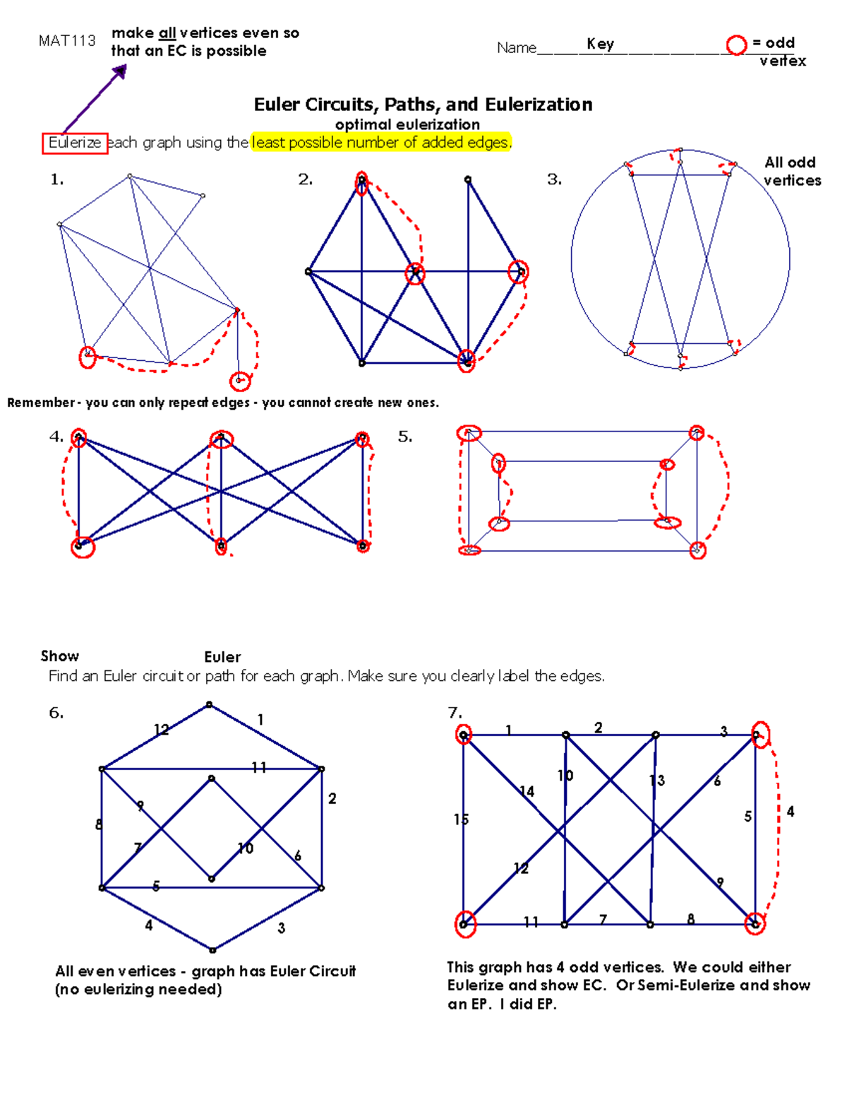 Euler circuits paths and eulerization wksheet Study Guide - MAT 113 -  Discrete Math - Studocu
