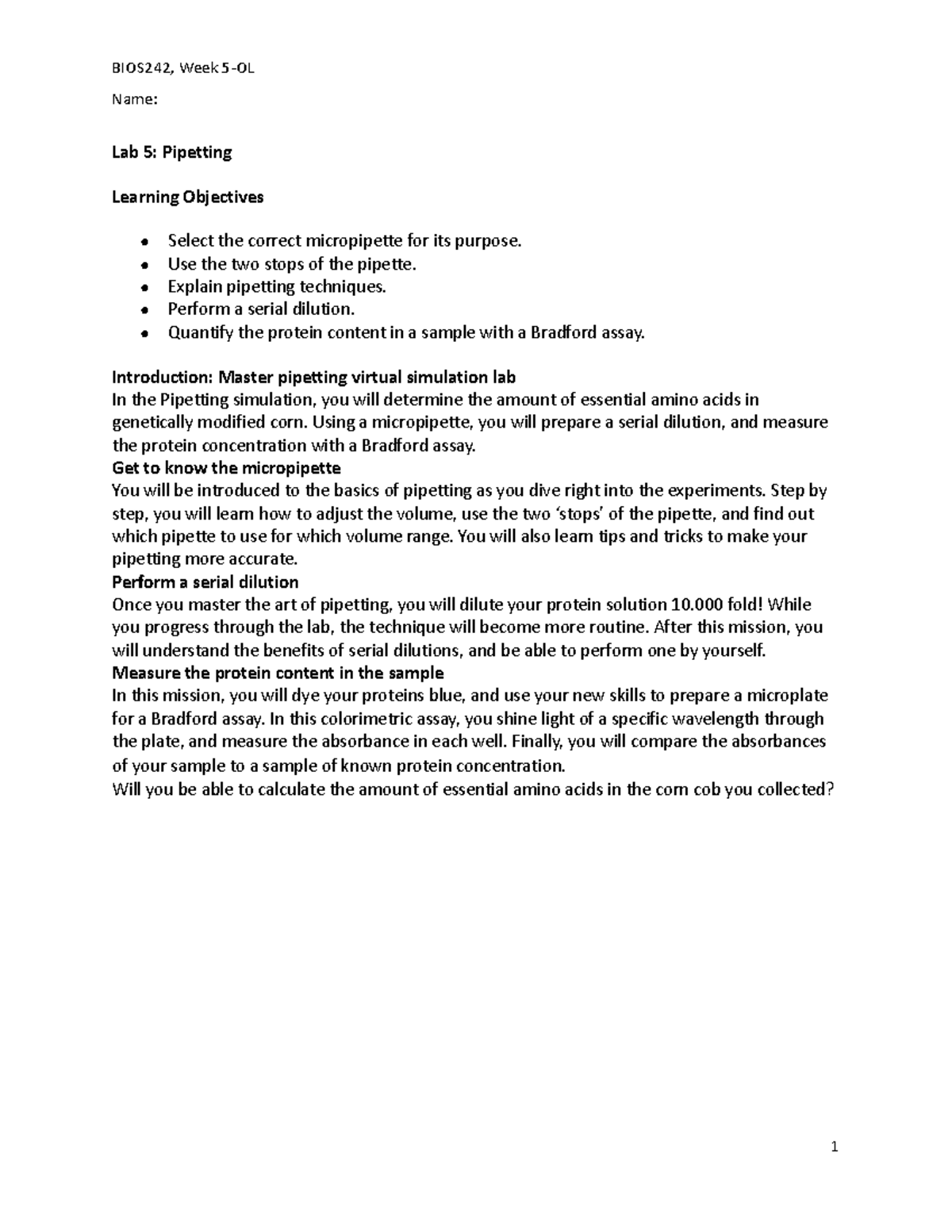 OL Pipetting BIOS242, Week 5OL Name Lab 5 Pipetting Learning