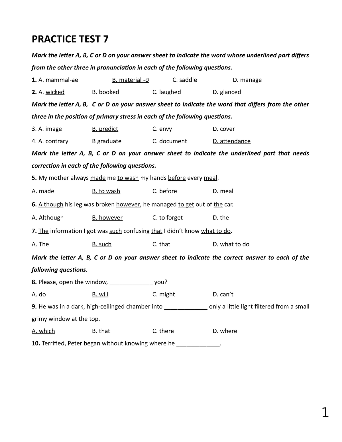 ĐỀ 7 - đề Tiếng Anh - PRACTICE TEST 7 Mark The Letter A, B, C Or D On ...