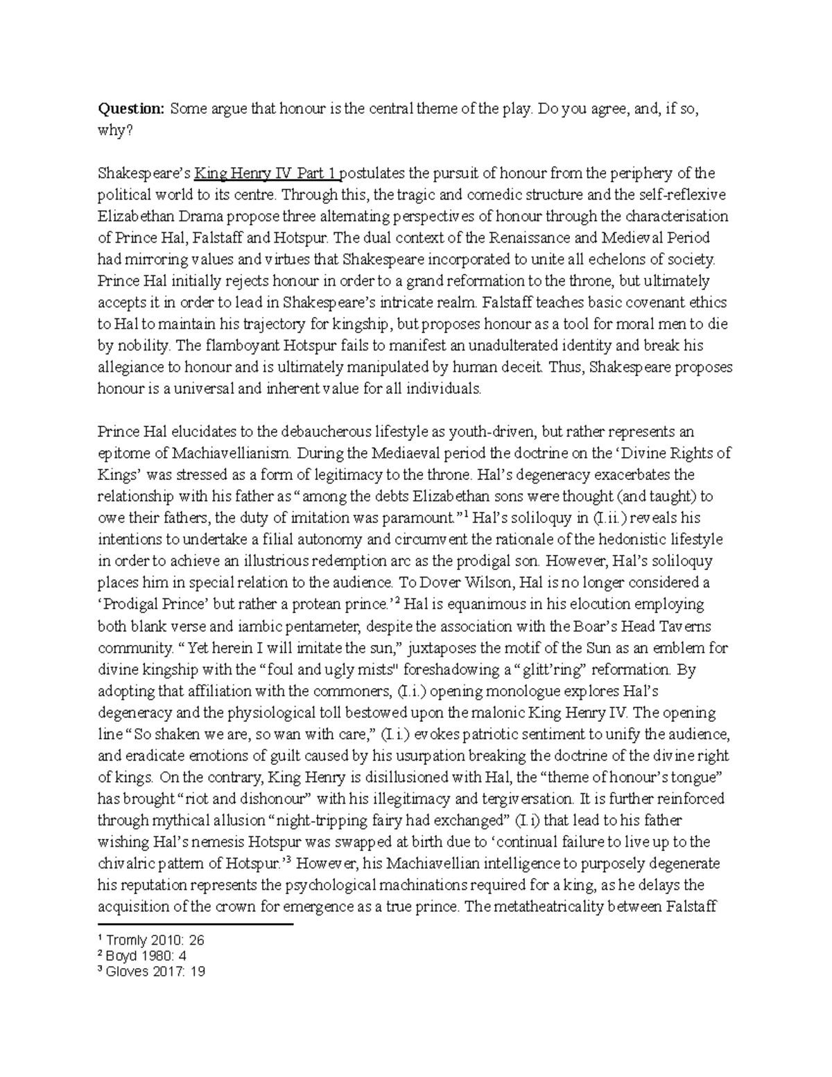 King Henry IV Part 1 Essay - Question: Some argue that honour is the ...