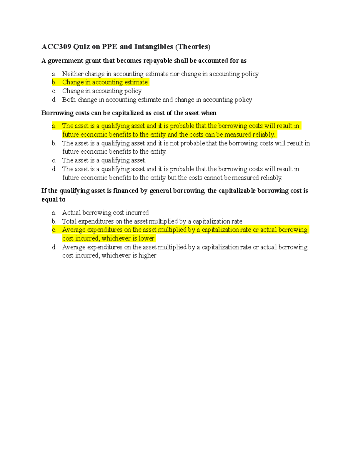 ACC309 Quiz On PPE And Intangibles 2 - Neither Change In Accounting ...