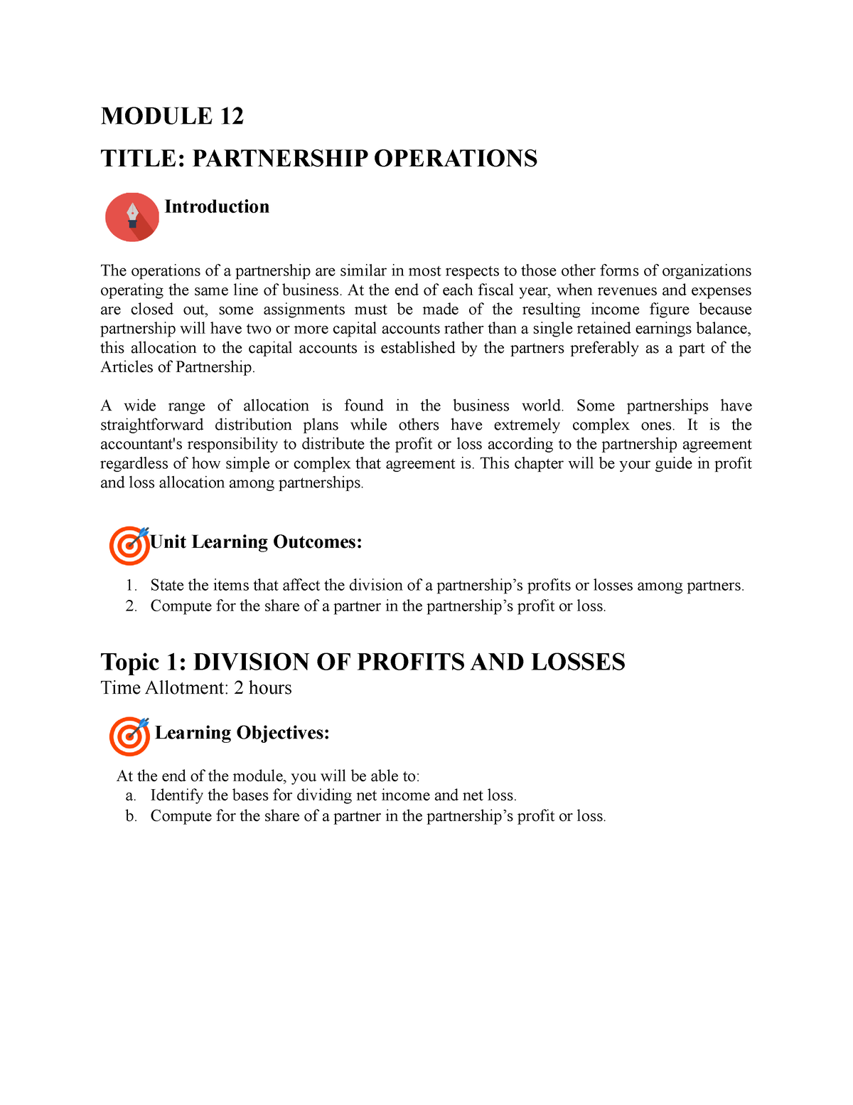 Module 12- Partnership Operations - MODULE 12 TITLE: PARTNERSHIP ...