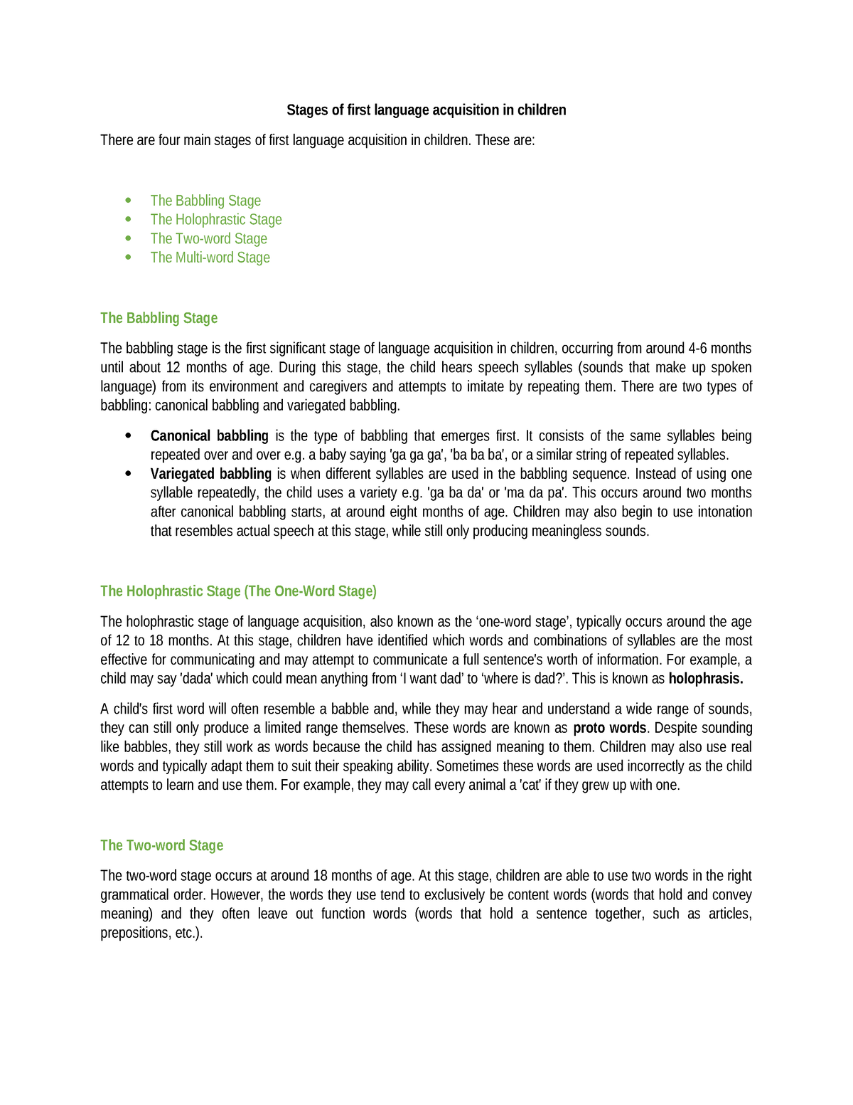 Stages of first language acquisition in children - These are: The ...