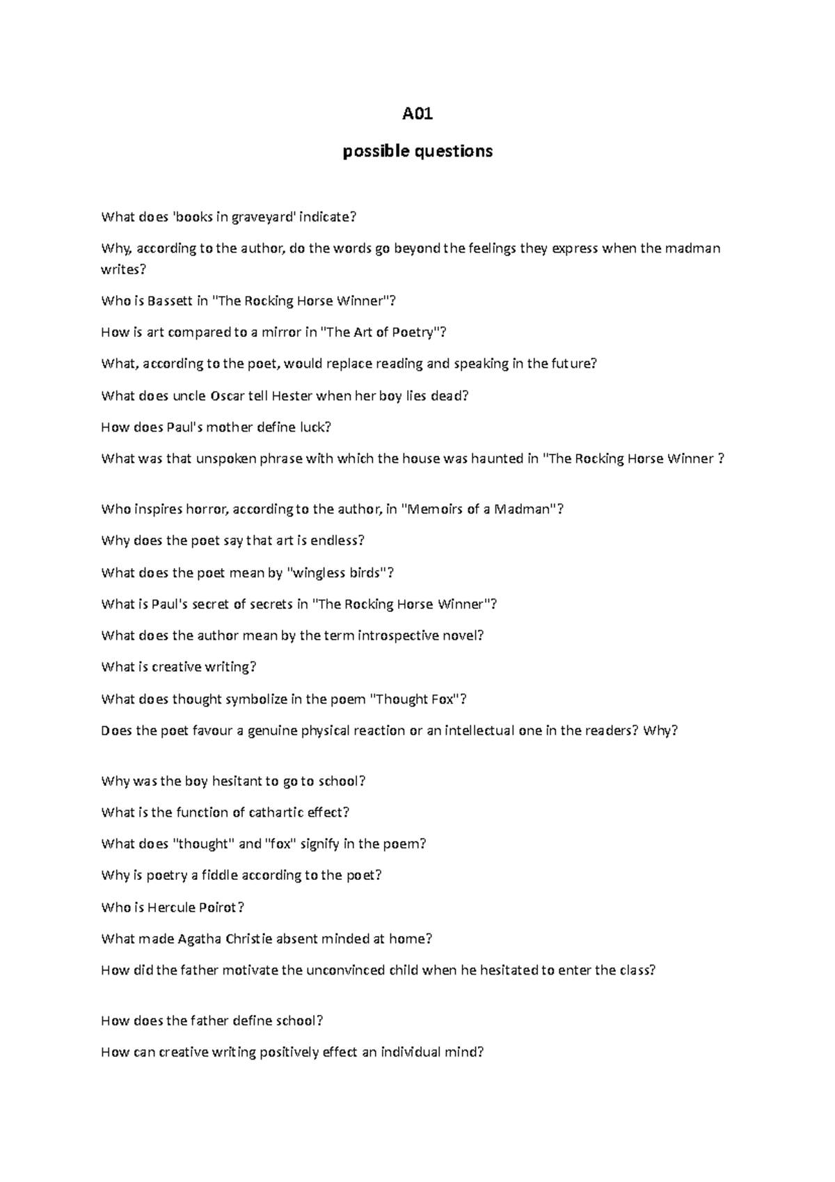 A01 possible questions - A possible questions What does 'books in ...