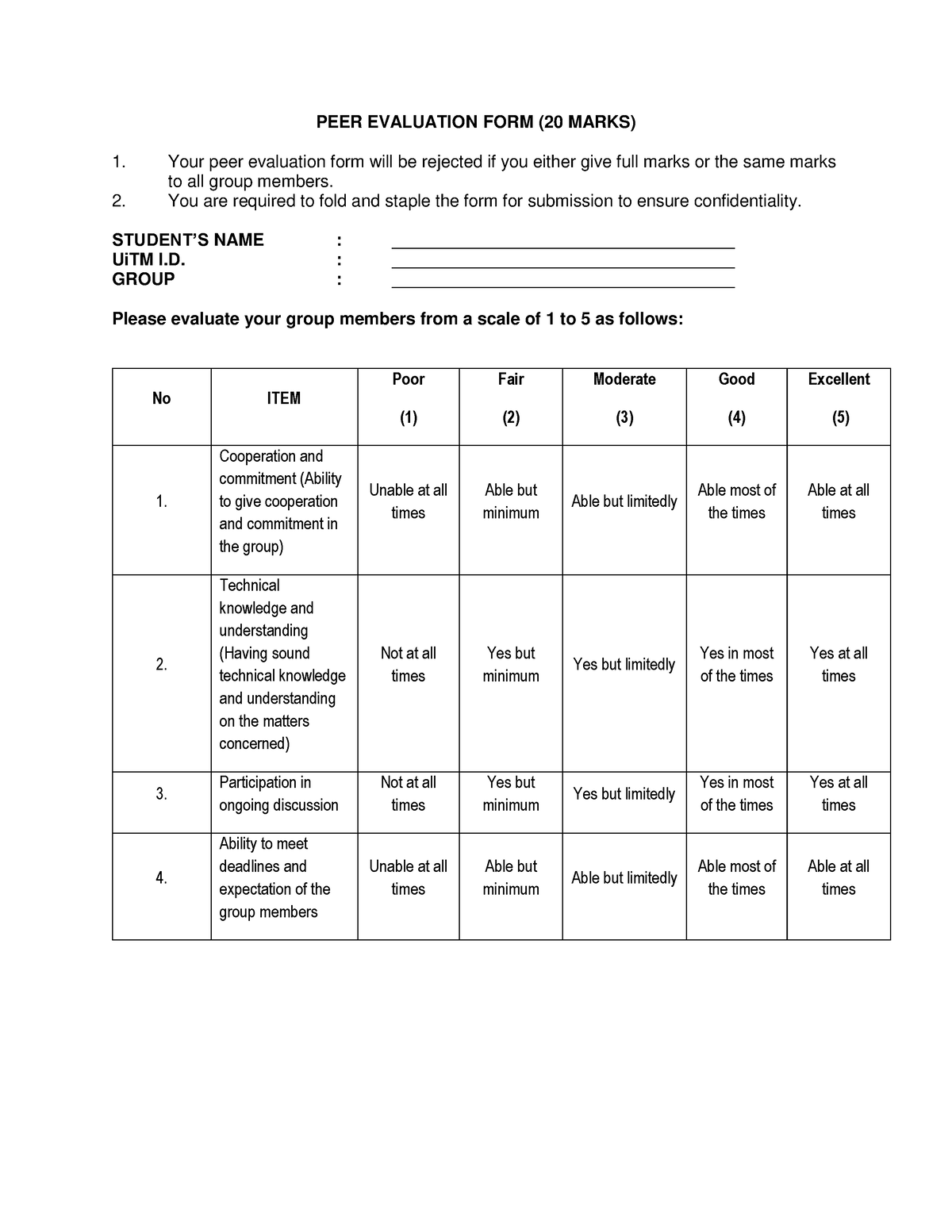 Appendix B PEER Evaluation FORM - PEER EVALUATION FORM (20 MARKS) Your ...