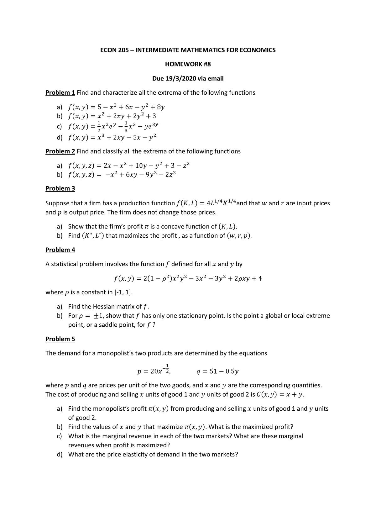 Homework 8 Mathematics For Economics Smu Studocu