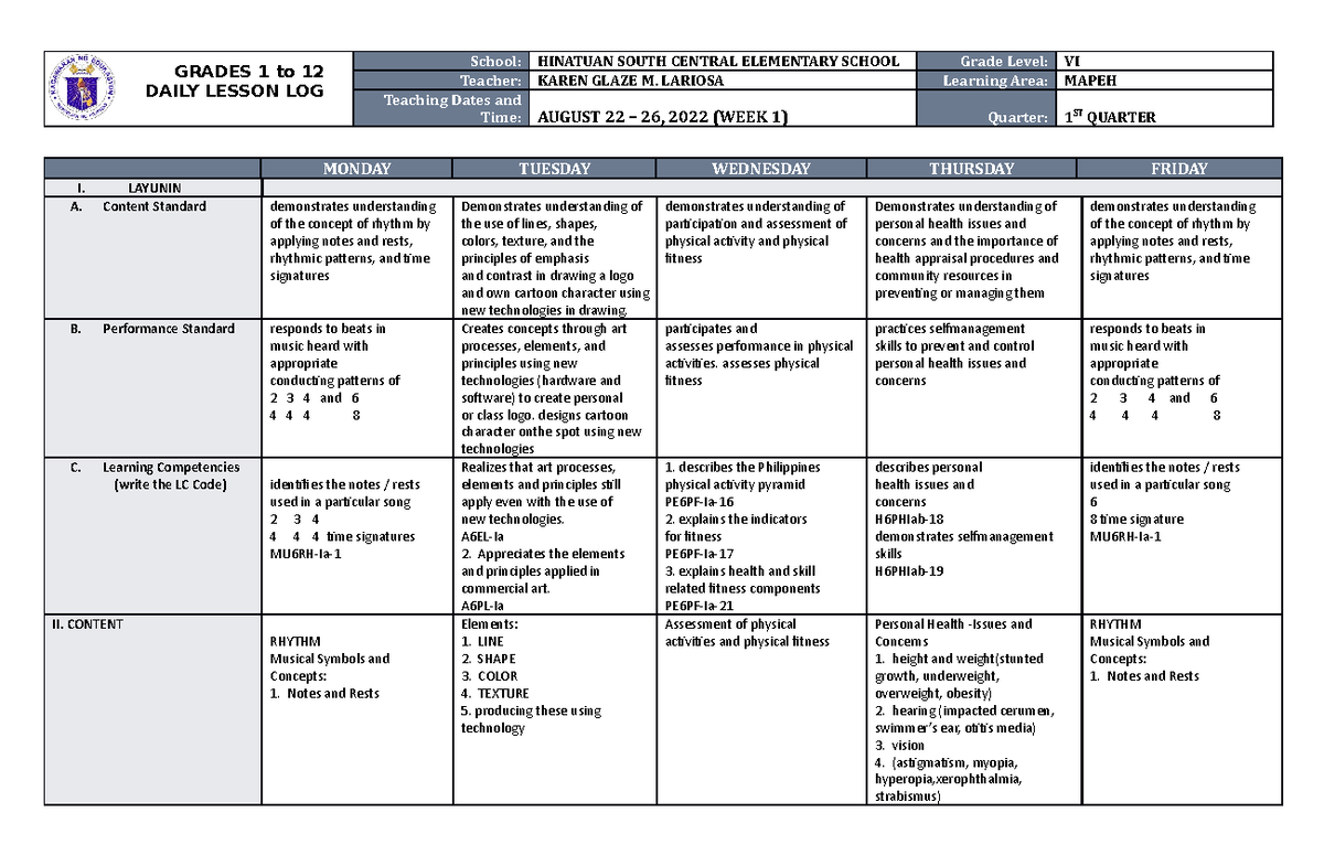 DLL Mapeh 6 Q1 W1 - DLL - GRADES 1 to 12 DAILY LESSON LOG School ...