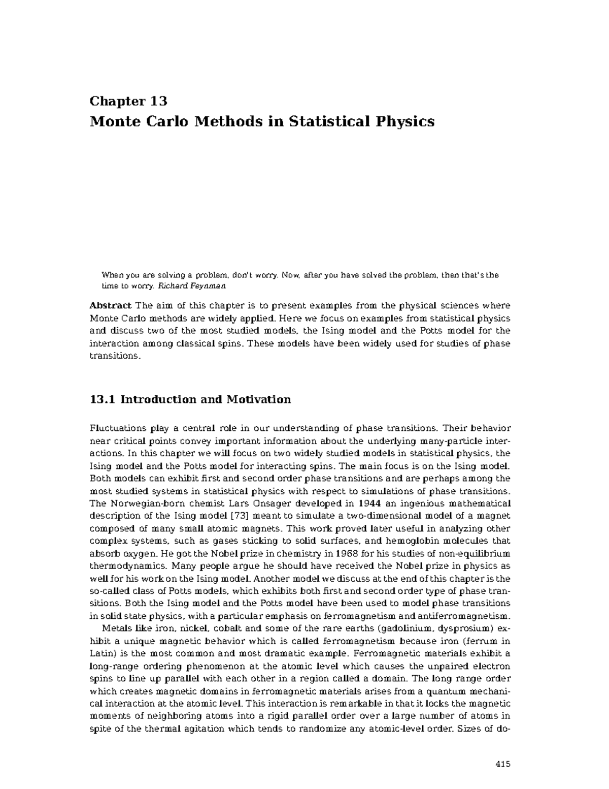 Lecture notes, lectures 12, 13 and 14 Chapter 13 Monte Carlo Methods