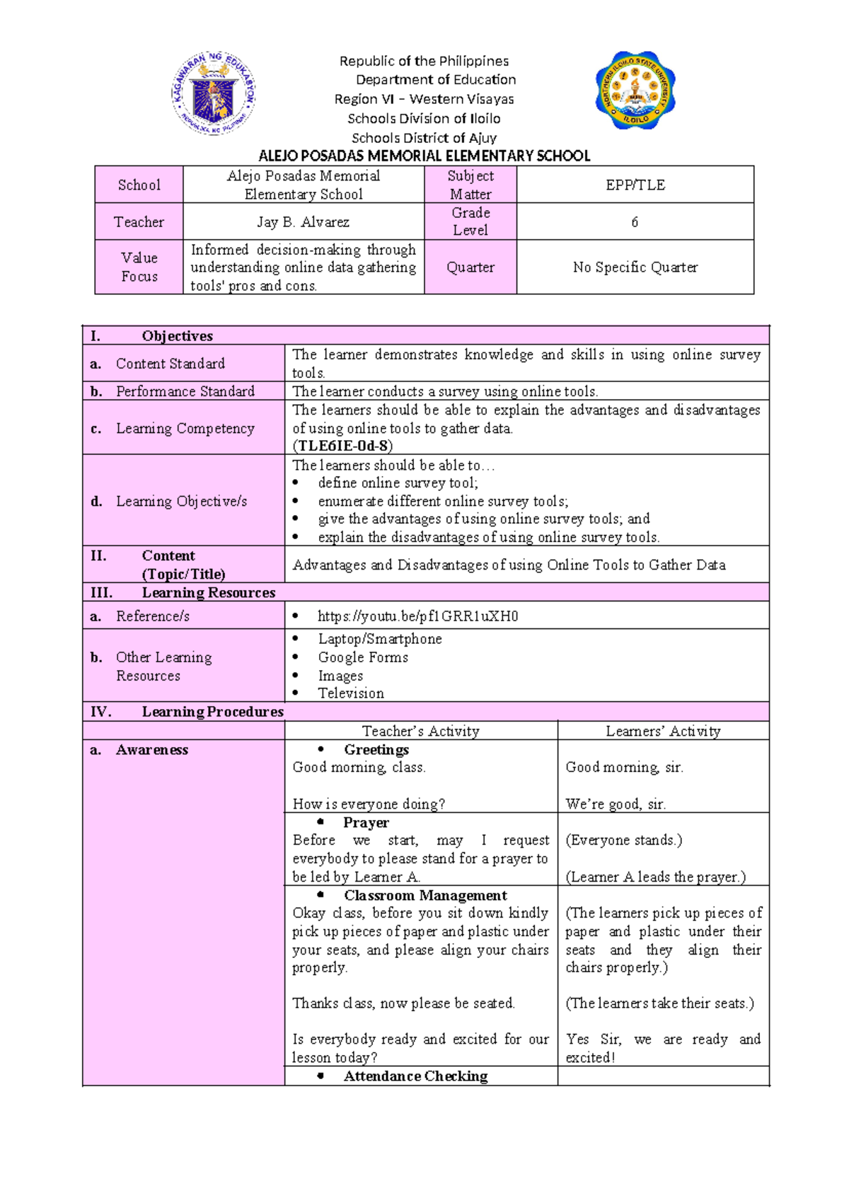 EPP Lesson Plan in ICT 6 - Department of Education Region VI – Western ...