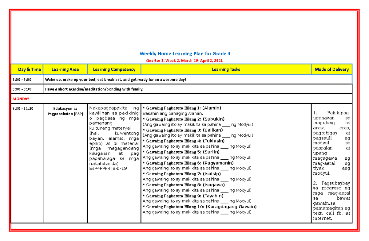 Grade 4 ALL Subjects WHLP Q3 W2 Weekly Home Learning Plan for Grade 4