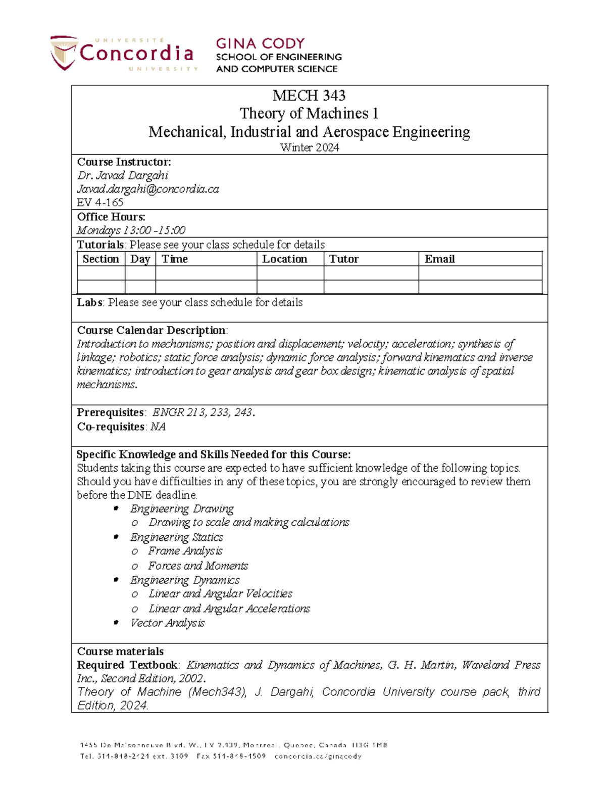 Course Outline 343 Winter 2024 - MECH 343 Theory of Machines 1 ...