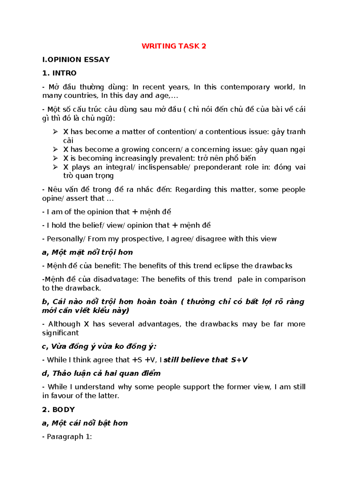 Writing-TASK-2 - writing task - WRITING TASK 2 I ESSAY 1. INTRO Mở đầu ...