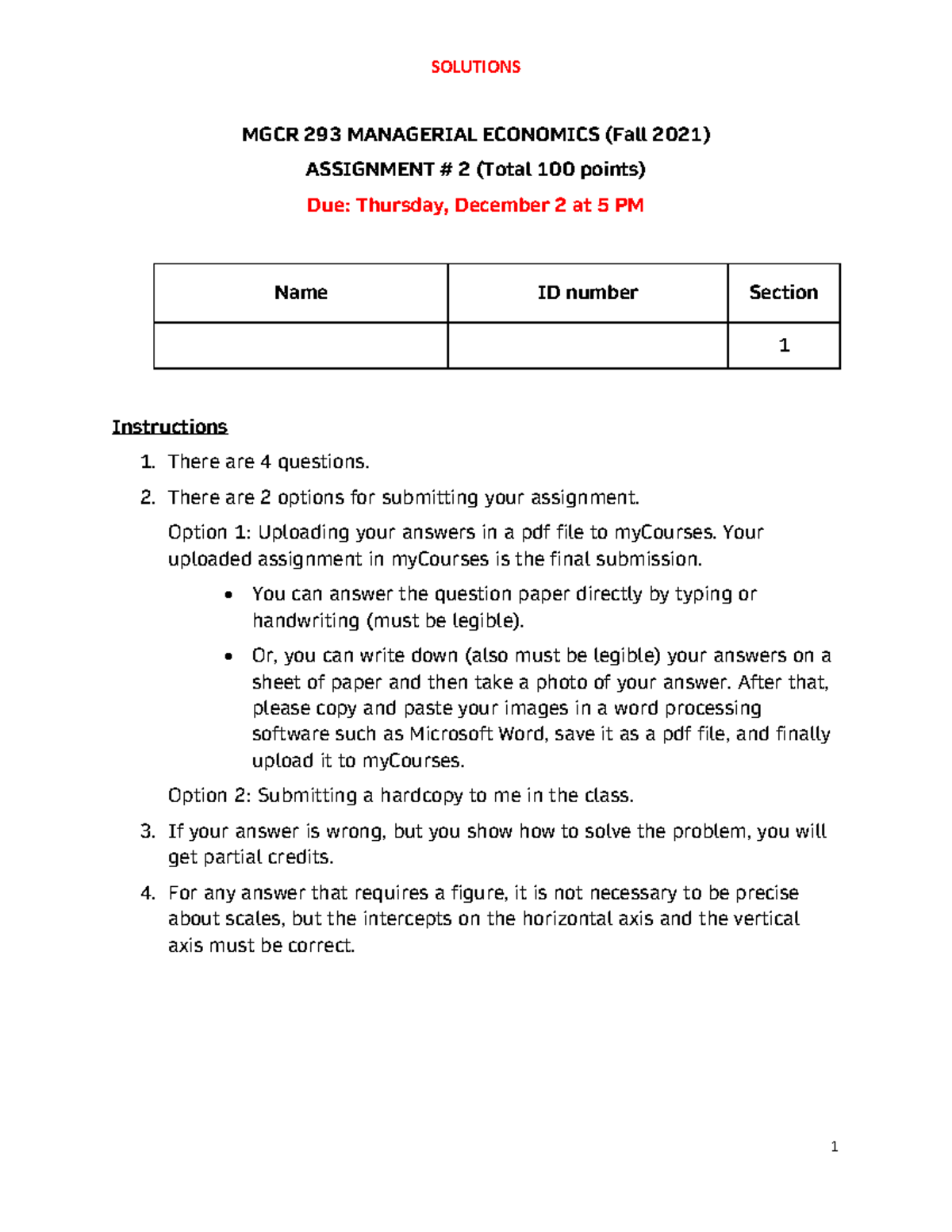 F2021MGCR293 Assignment 2 Sol - MGCR 293 MANAGERIAL ECONOMICS (Fall 20 ...
