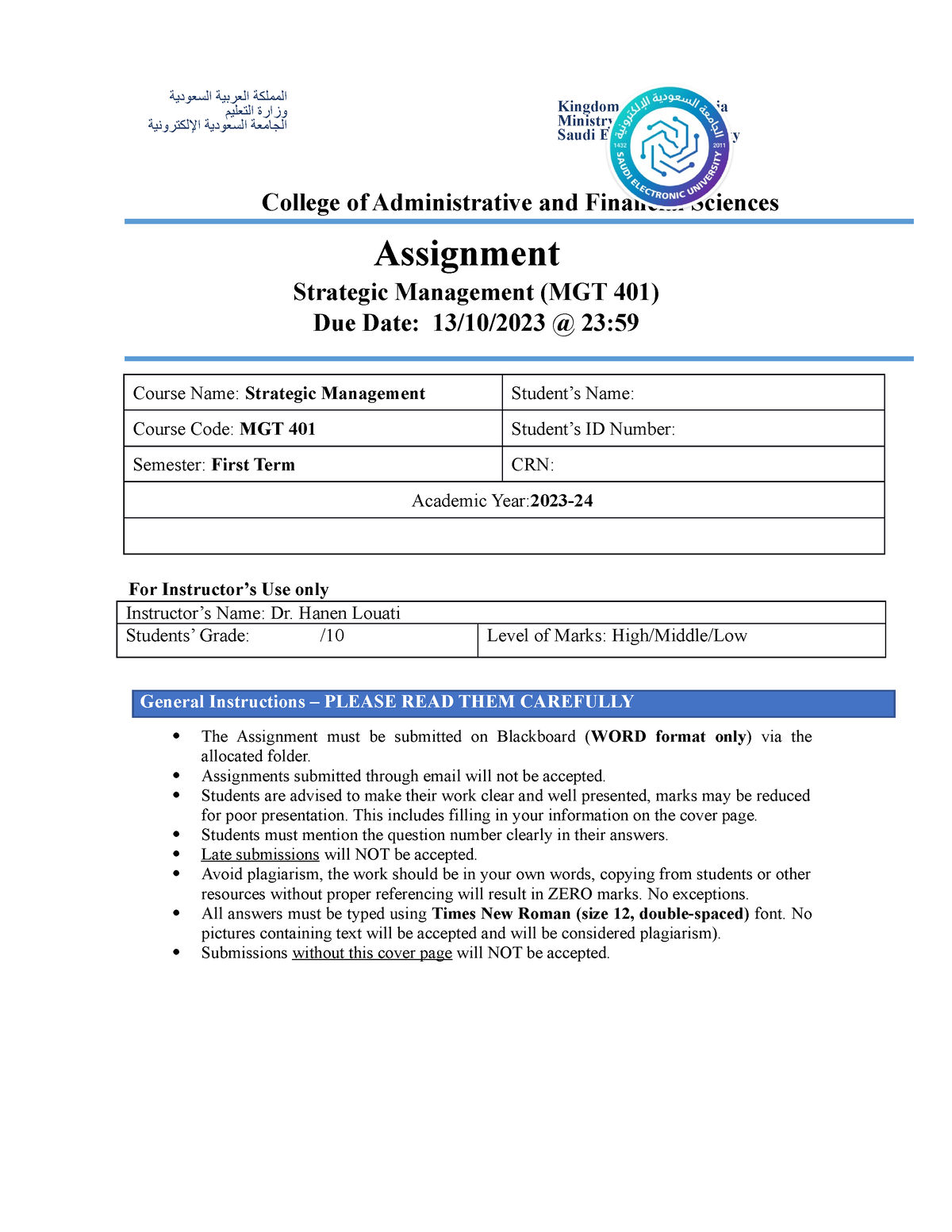 MGT 401- Assignment-First term-2023-24 - Kingdom of Saudi Arabia ...