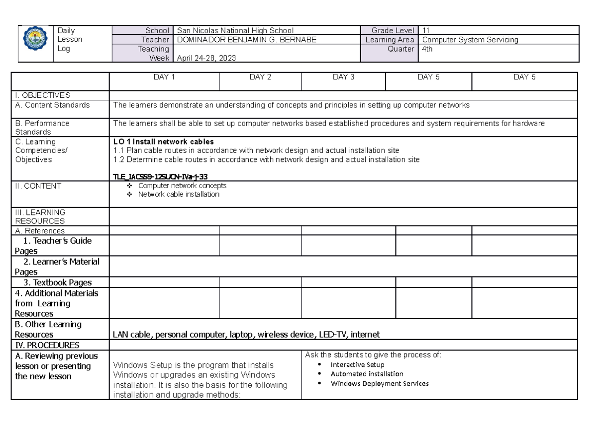 1.April 24-28, 2023 CSS11 Dllwk 1 - Daily Lesson Log School San Nicolas ...